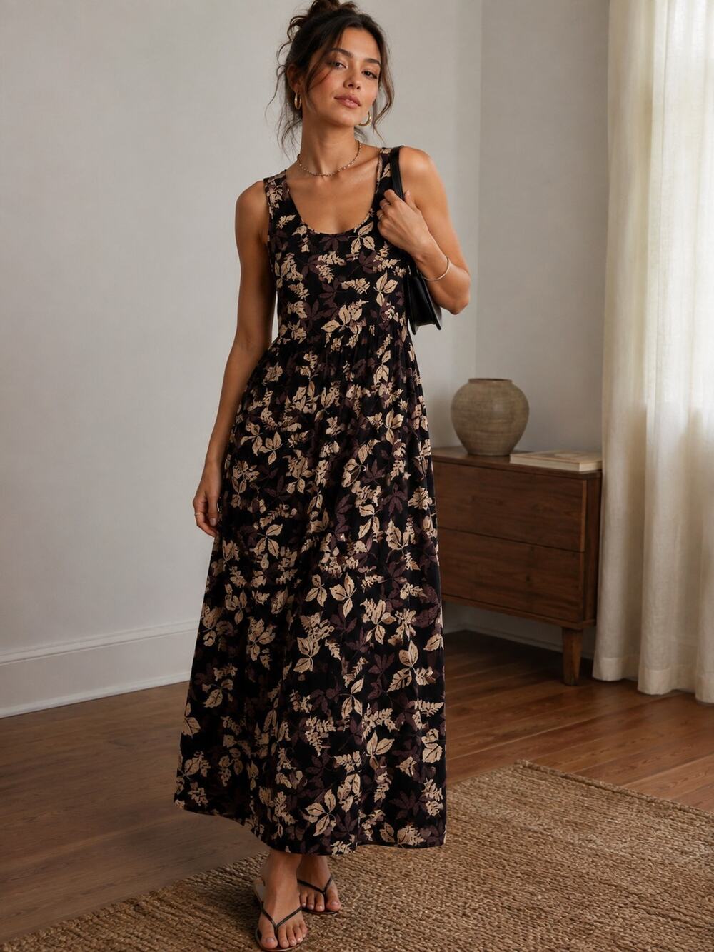 Vintage 90s Y2K Black Floral Leaves Maxi Dress Cottagecore Grunge Boho Medium